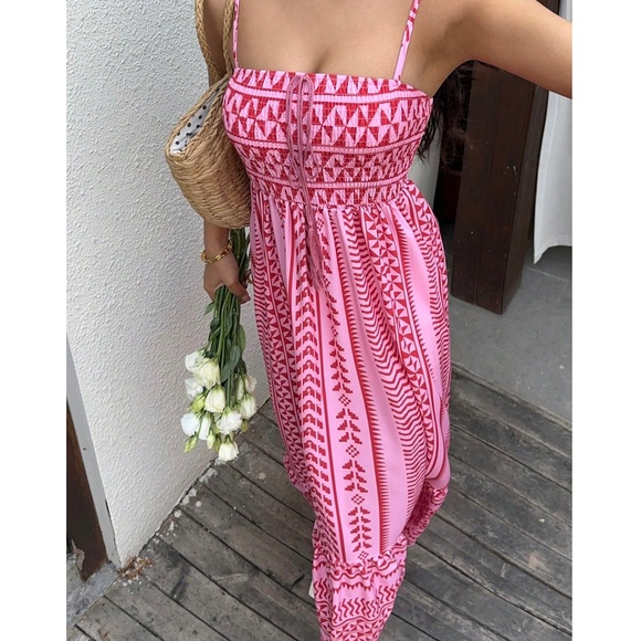 Boho Geo Print Shirred Stretchy Waist Cami Dress - Picture 11 of 13